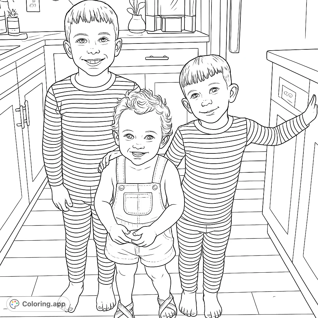 Capture the joy of three smiling siblings in a cozy kitchen scene. A delightful family moment perfect for young colorists.