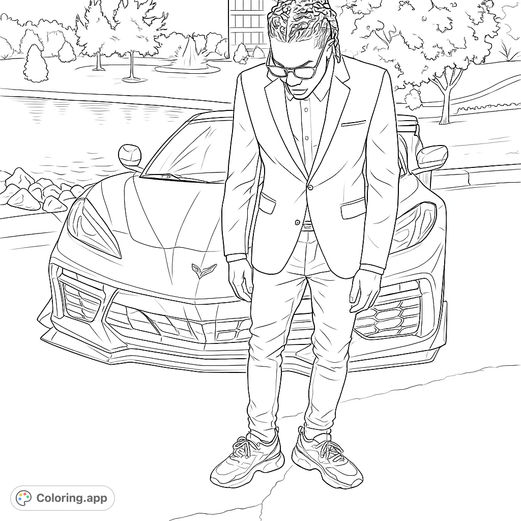 A sleek sports car and a stylish figure set against an urban landscape. Perfect for car enthusiasts and fashion lovers.
