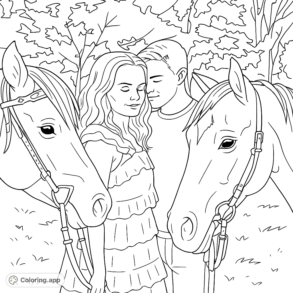 Capture a tender moment: a couple surrounded by two majestic horses in a serene outdoor setting. Perfect for horse lovers and romantic themes.