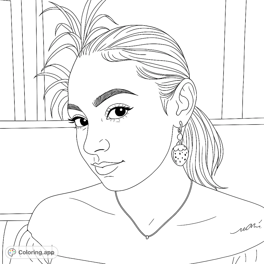A captivating portrait of a young woman featuring intricate heart earrings and a delicate necklace, perfect for detailed coloring and creative expression.