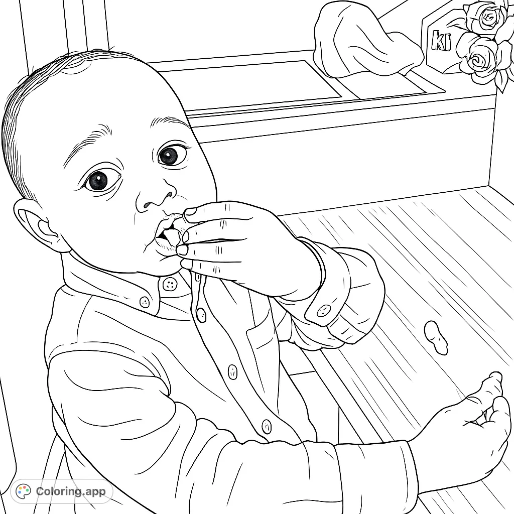 A delightful coloring page featuring a curious child enjoying a snack at a table, with wide eyes and messy hands. Perfect for young artists.