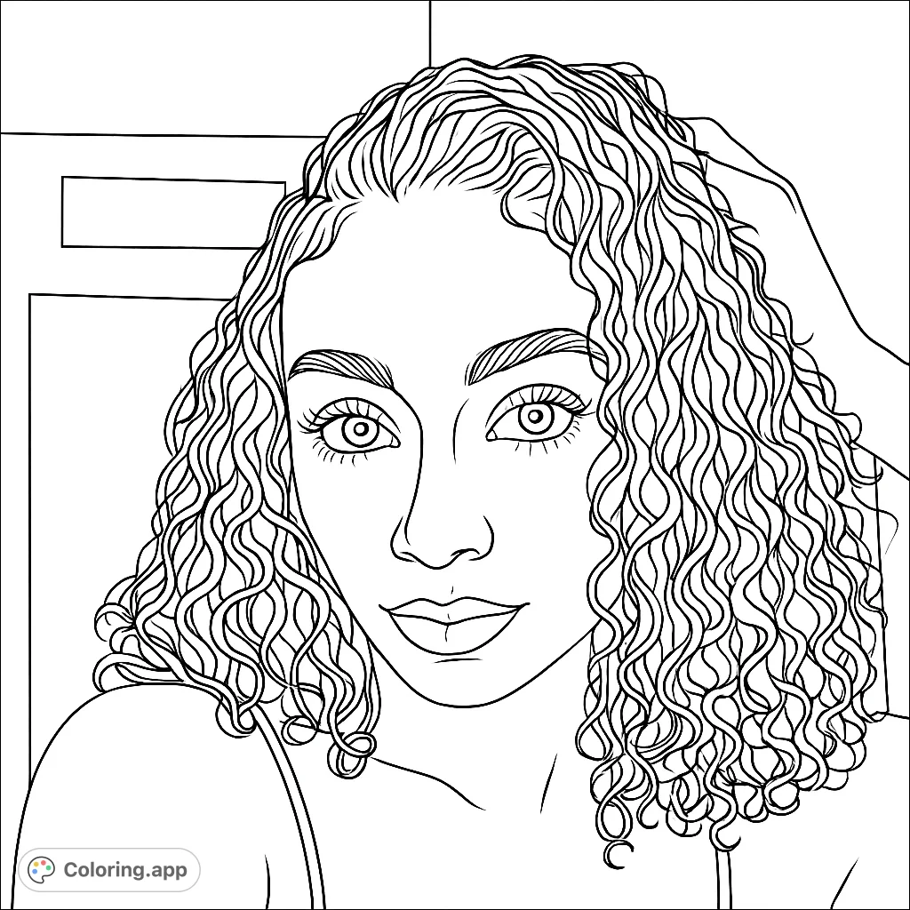 A captivating portrait of a woman with voluminous curly hair, offering a detailed and expressive face for a creative coloring experience.