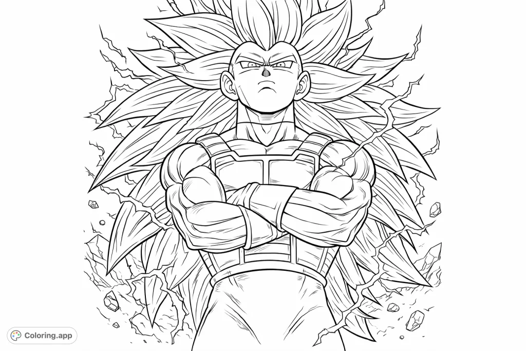 Unleash epic power with this Super Saiyan warrior coloring page! Featuring intense spiky hair, battle armor, and electrifying energy effects.