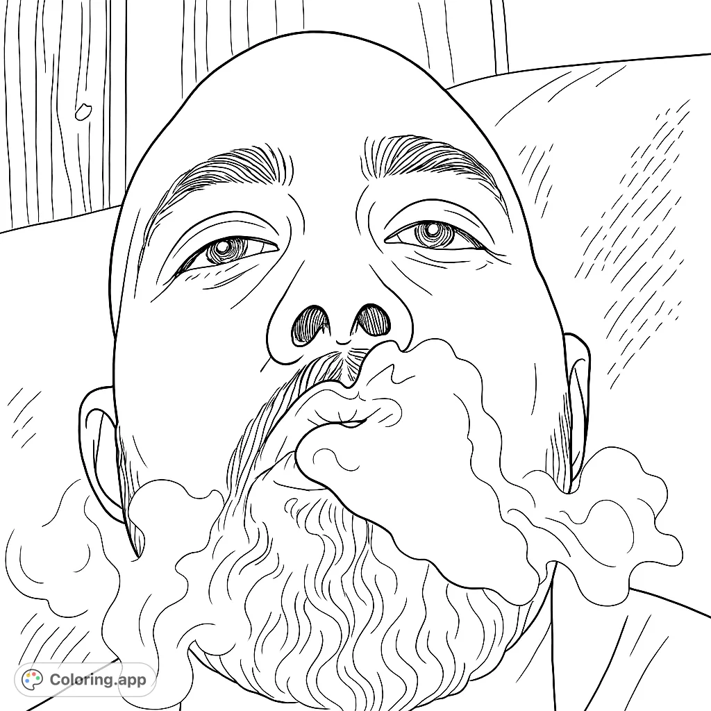 A striking portrait of a person with a bald head and mustache, exhaling a dramatic cloud of vapor. A unique and expressive adult coloring page.