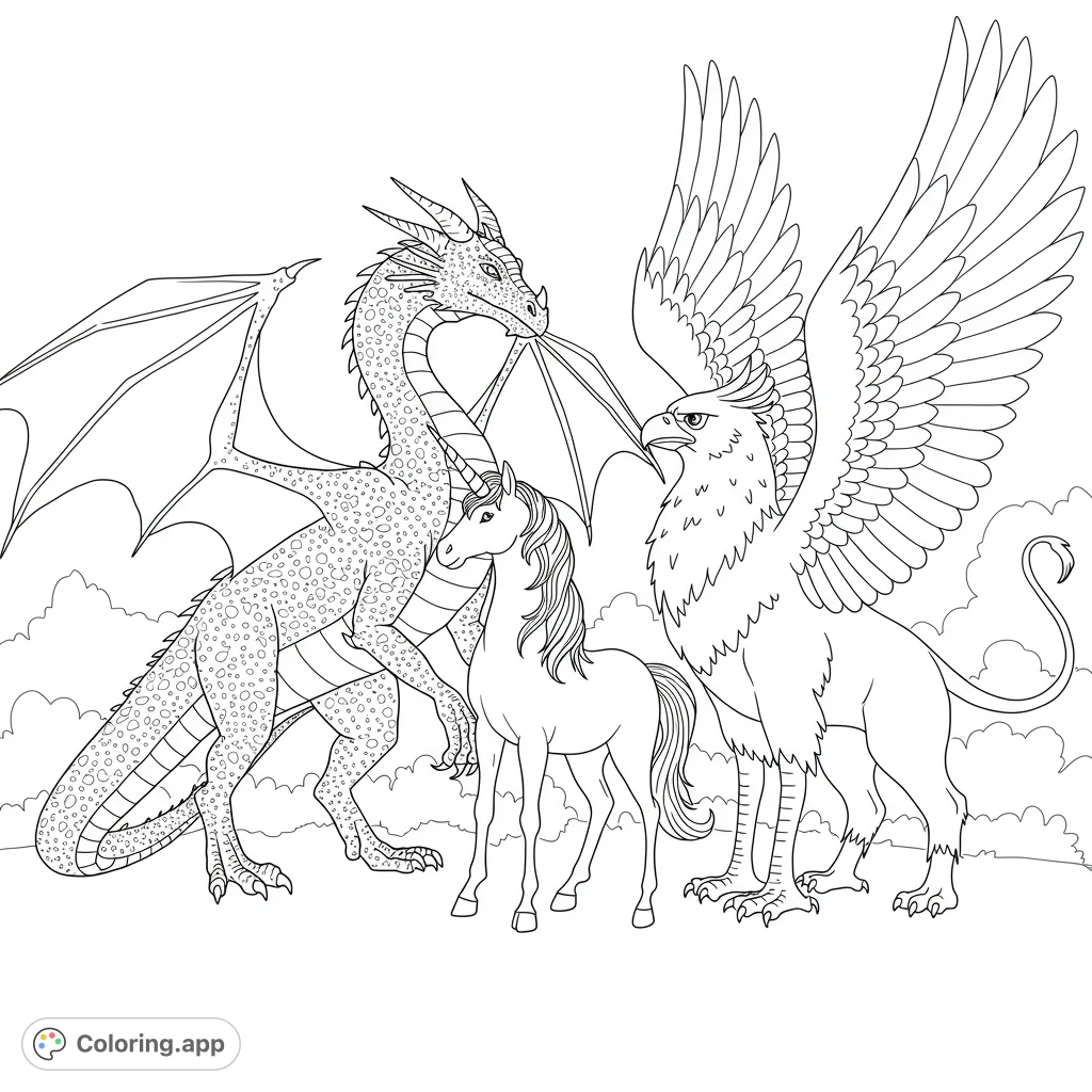Unleash your imagination with a majestic dragon, a graceful unicorn, and a powerful griffin, ready for your creative touch on this mythical creatures page.