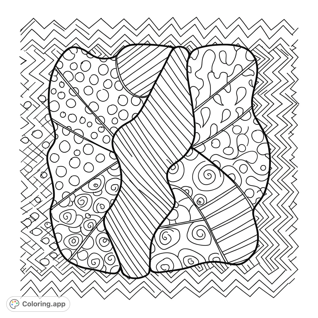 Explore a whimsical world of patterns! This free printable pattern coloring page features a playful central design with zigzags, polka dots, stripes, and swirls, set against a dynamic zigzag background.