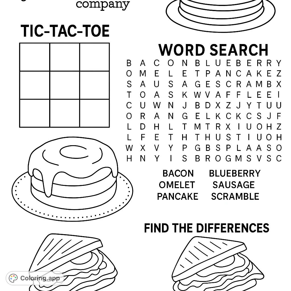 A delightful breakfast activity page featuring pancakes, a cinnamon roll, sandwiches, and engaging puzzles: tic-tac-toe, word search, find the differences.