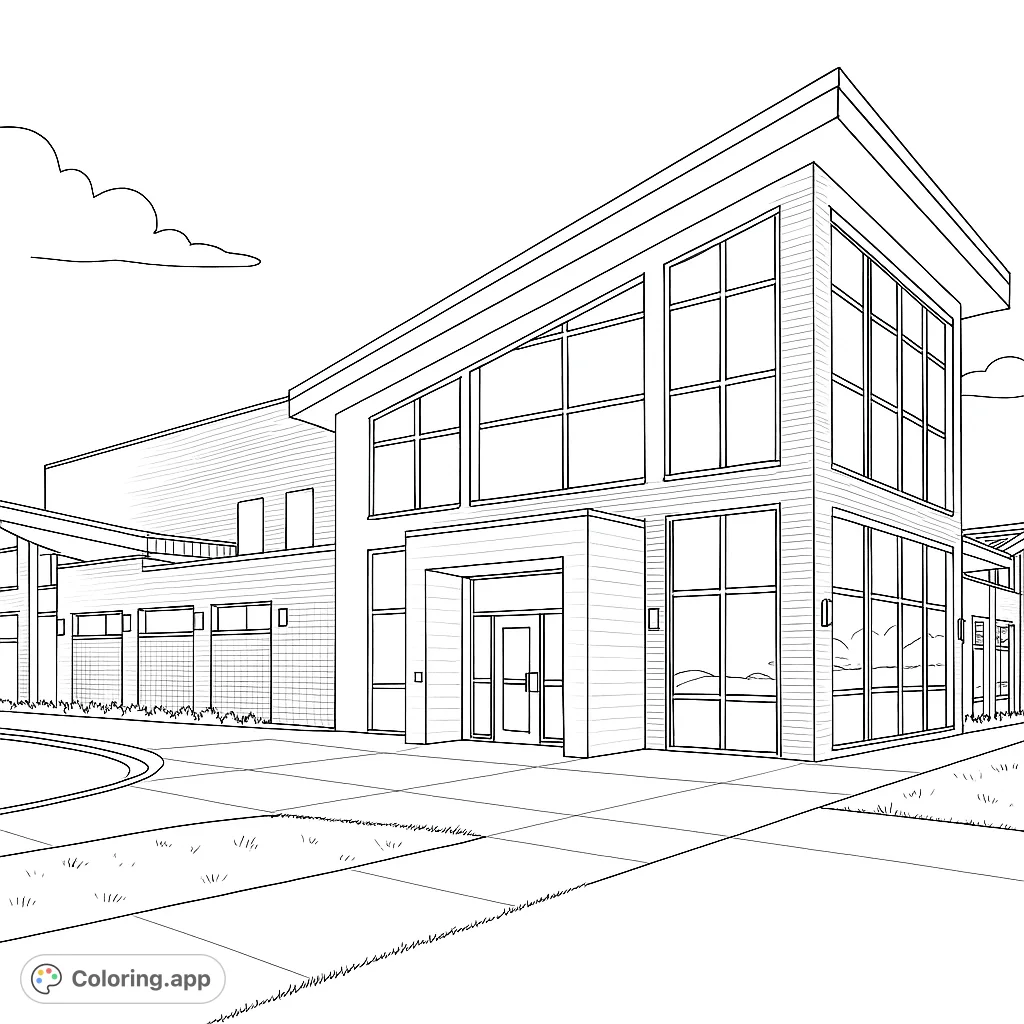 Explore a striking modern building with unique angles, large windows, and textured walls. A captivating architectural design for creative expression.