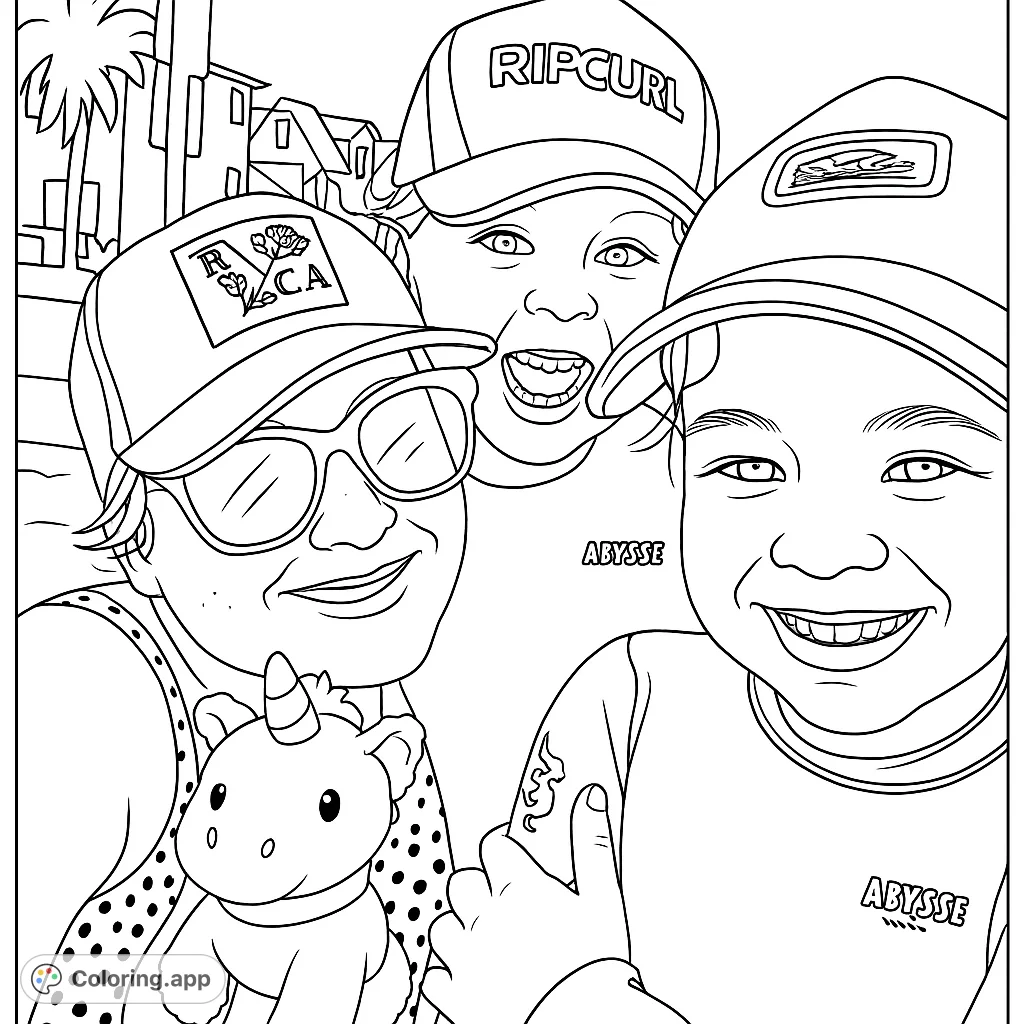 Capture a heartwarming moment with a smiling family and their unicorn toy. Perfect for a fun, free printable family coloring page adventure!