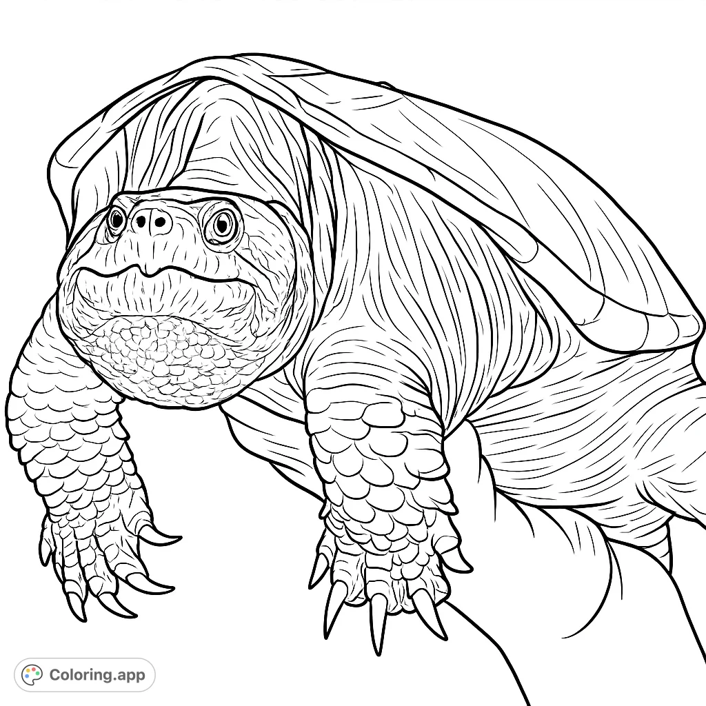 Explore the intricate details of a snapping turtle with this realistic coloring page. Perfect for nature enthusiasts and those who love detailed designs.