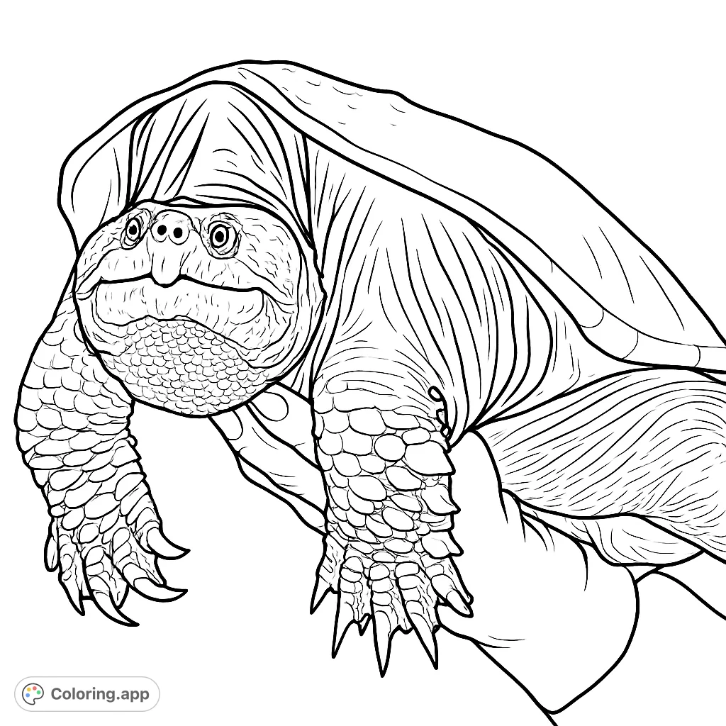 Explore the intricate textures of a mighty snapping turtle. A detailed wildlife coloring page for nature enthusiasts and advanced colorists.