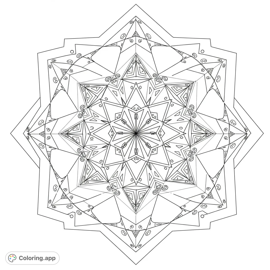 Explore a mesmerizing, perfectly symmetrical geometric pattern with interlocking shapes, stars, and diamonds. A harmonious radial design for focused coloring.