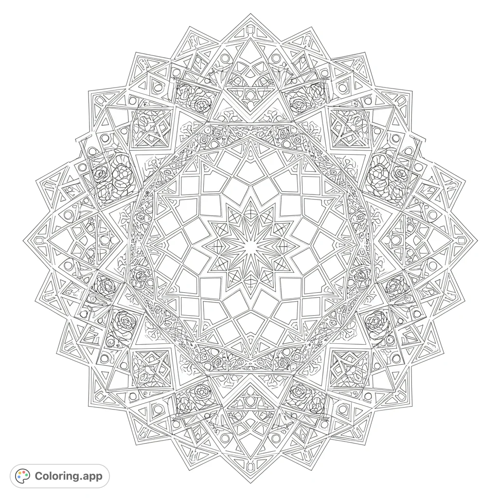 Unfold a mesmerizing symmetrical geometric pattern with interlocking shapes, stars, and diamonds. A dense, intricate design for focused coloring.