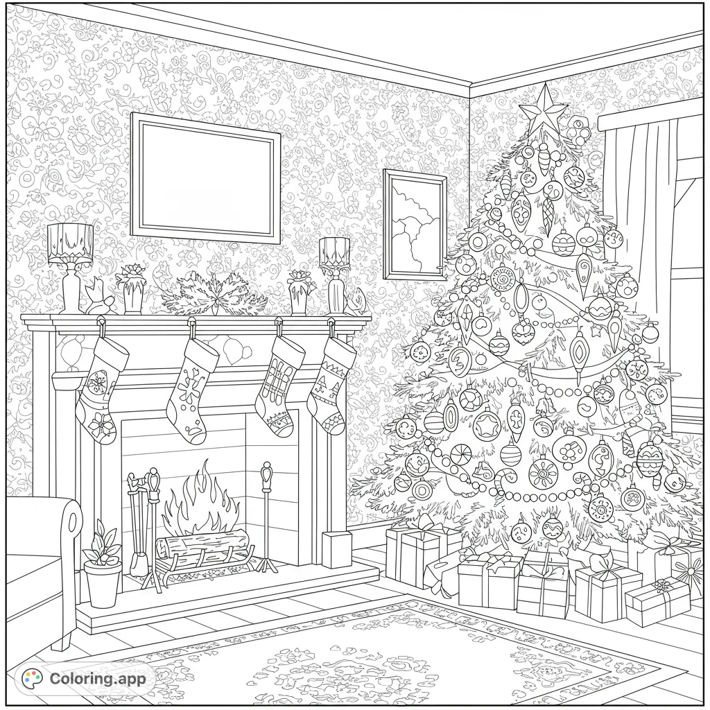 Step into a festive retro Christmas living room. Color a cozy fireplace with stockings, a tree with unique ornaments, and charming floral wallpaper.