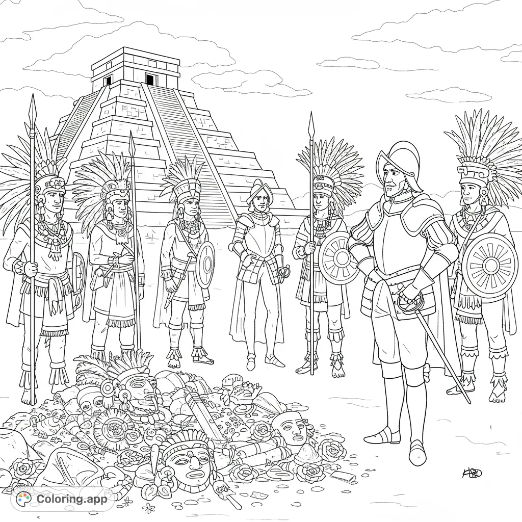 Discover a historical scene featuring Hernán Cortés, Aztec warriors, and a treasure of gold. A detailed free printable history coloring page for all ages.