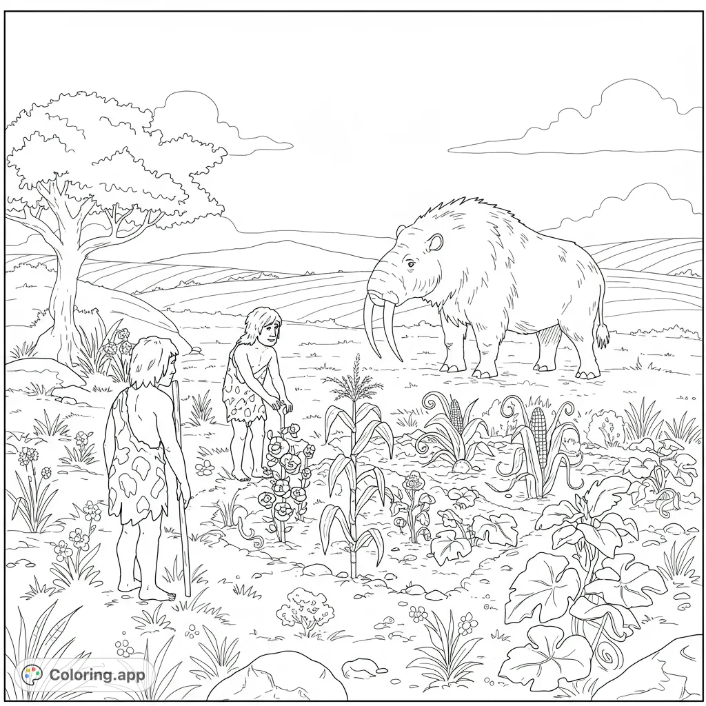 Explore ancient American life with this simple coloring page featuring early hunters, farmers, and prehistoric animals. A free printable for kids.