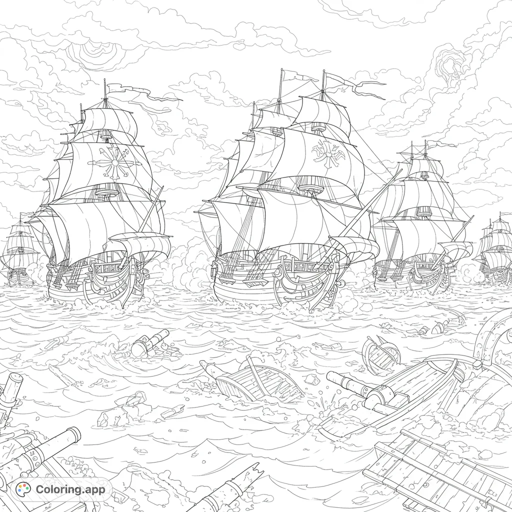 Relive the epic 1588 naval battle with this detailed Spanish Armada coloring page. Featuring majestic galleons and turbulent seas, perfect for history enthusiasts.
