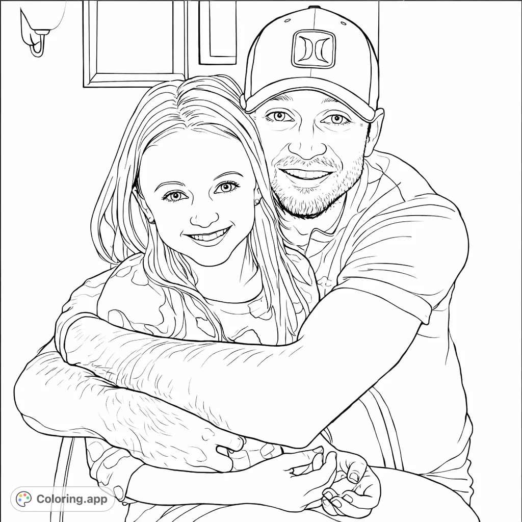 Capture a heartwarming moment with this father daughter hug coloring page. Features a smiling man and girl embracing, perfect for celebrating family bonds.