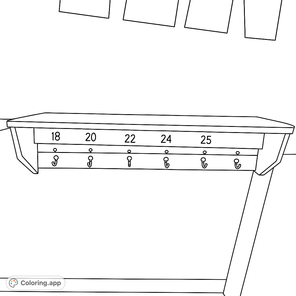 A simple, free printable coloring page featuring a wooden shelf with numbered hooks, perfect for learning and organization themes.