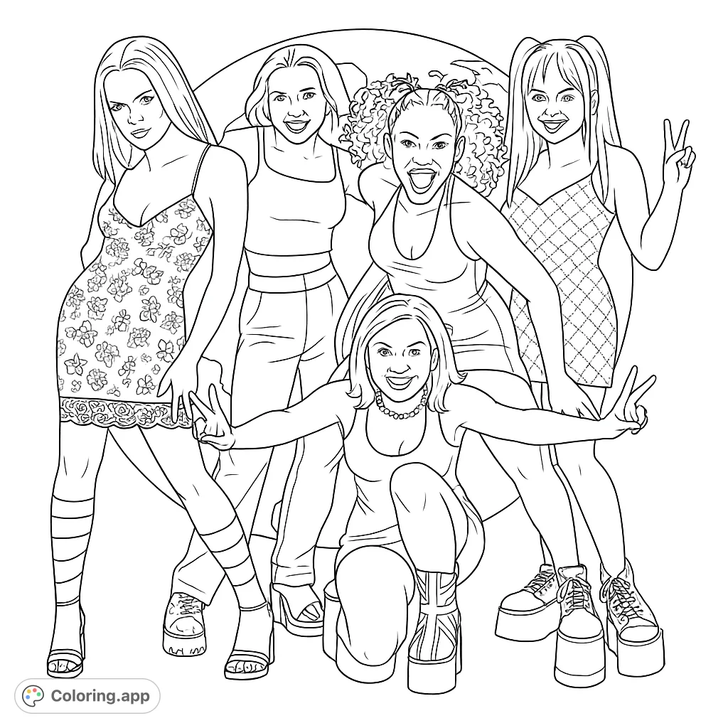Color an iconic pop group striking poses against a globe backdrop. Features detailed outfits, unique hairstyles, and expressive figures for a fun coloring experience.