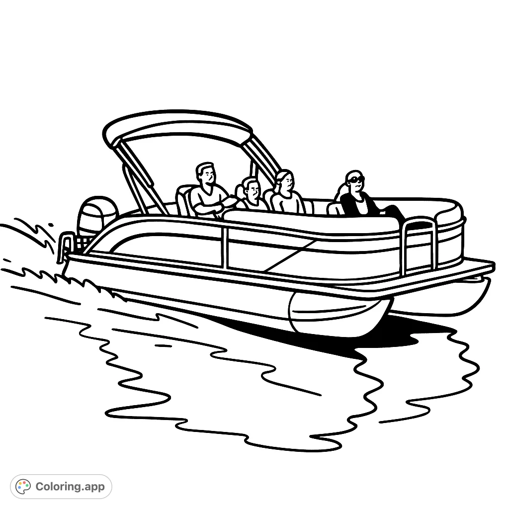 Embark on a serene lake journey with this pontoon boat coloring page. Features a boat with people on calm waters and a distant treeline.