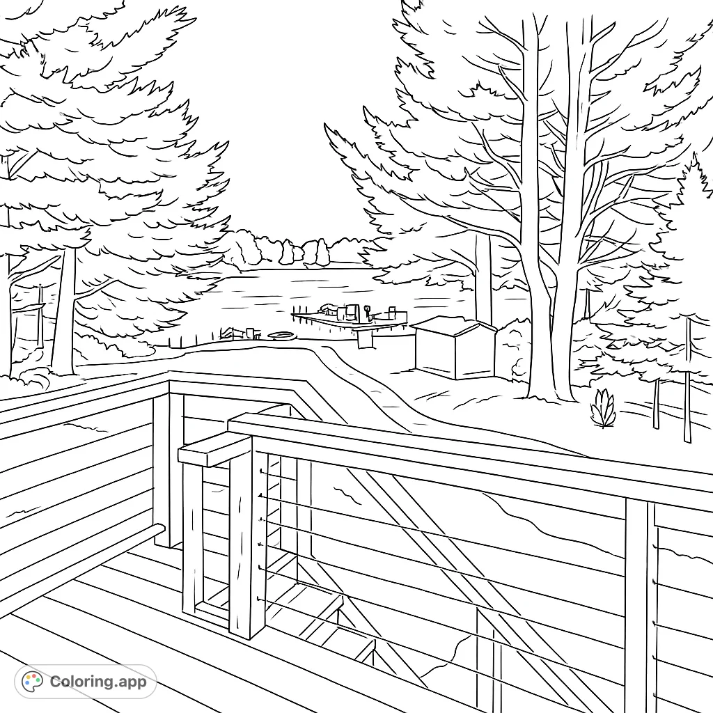 Discover a serene lake view from a wooden deck, framed by tall trees. A peaceful landscape with docks and a small shed awaits your creative touch.