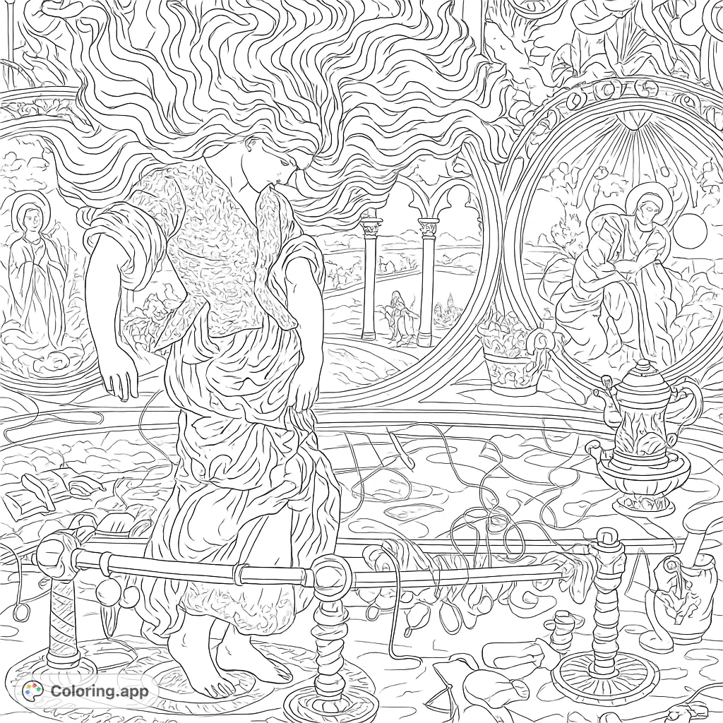 An intricate allegorical coloring page featuring a woman weaving, surrounded by symbolic details and a detailed landscape view.