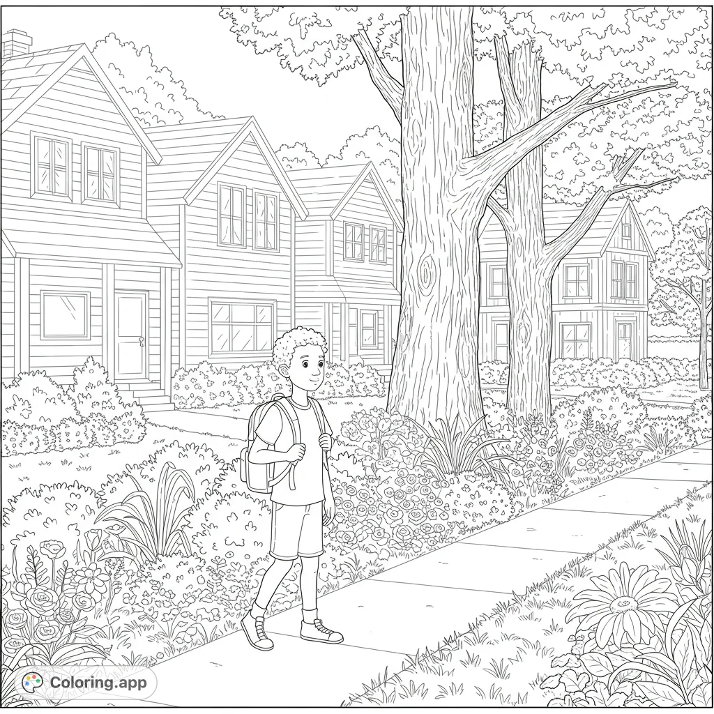 A detailed neighborhood scene featuring an 11-year-old boy walking along a sidewalk, surrounded by intricate trees, bushes, and houses, perfect for detailed coloring.