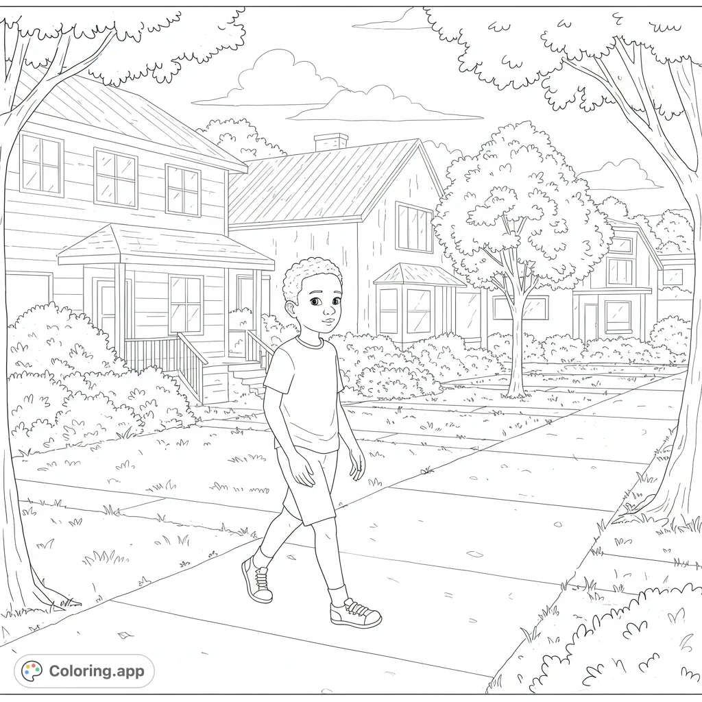 Explore a charming neighborhood with a boy on a walk. This free printable neighborhood coloring page is perfect for kids, featuring houses, trees, and a friendly street scene.