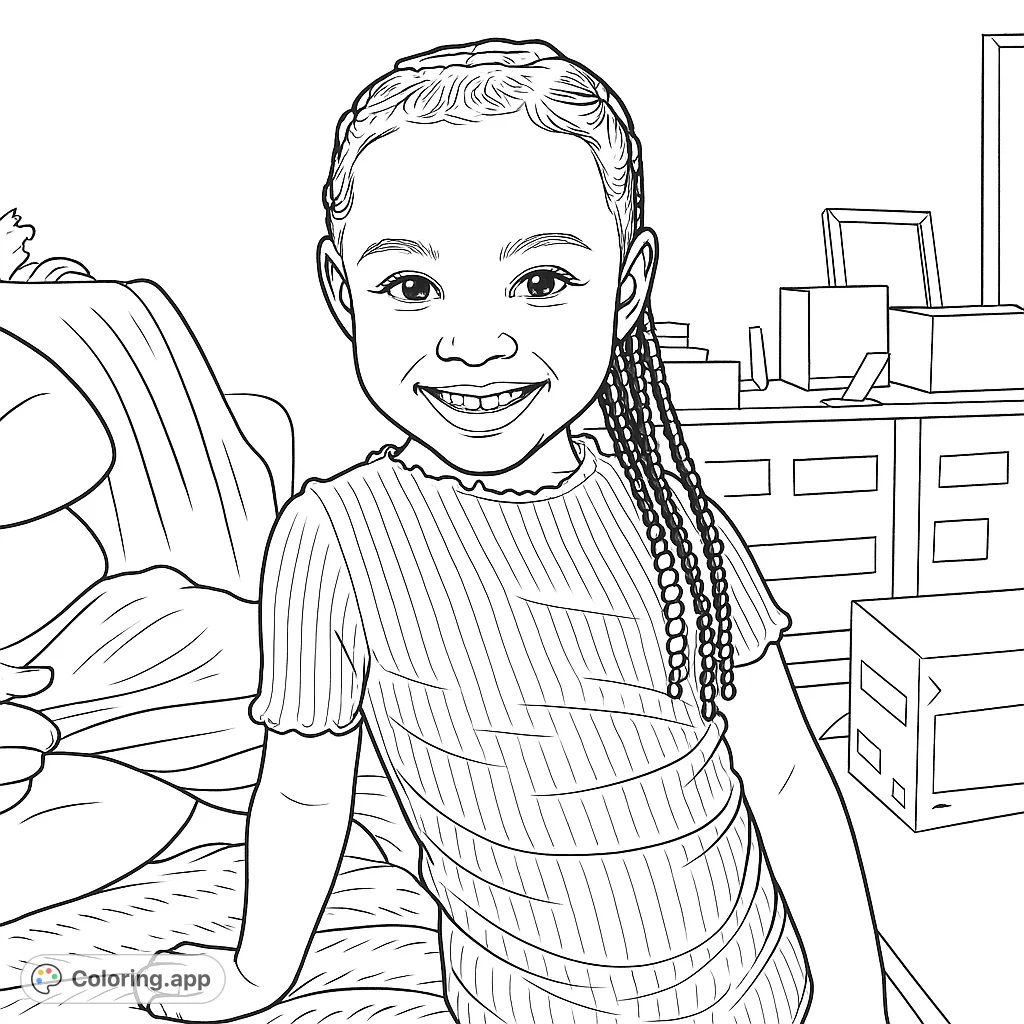 A delightful coloring page featuring a smiling child with intricate braids, perfect for young artists to express their creativity and practice fine motor skills.