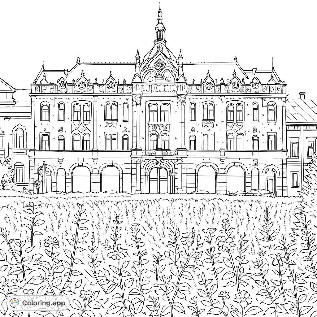 Color a magnificent ornate building with intricate architectural details, a grand roof, and a beautiful foreground garden. A detailed architecture coloring page.