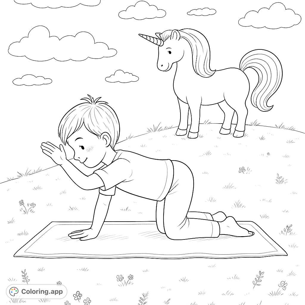 A delightful scene of a boy doing yoga on a mat, observed by a magical unicorn on a grassy hill. Perfect for inspiring mindfulness and imaginative play.