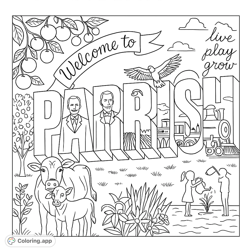 Explore the vibrant Parrish community mural, featuring iconic landmarks, historical figures, and local life. A detailed free printable coloring page for all ages.