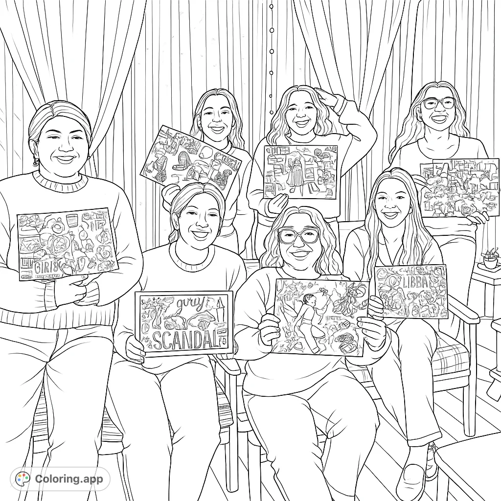 Seven smiling women showcase their unique collage artworks in a lively indoor setting. A fun and creative scene perfect for personal expression.