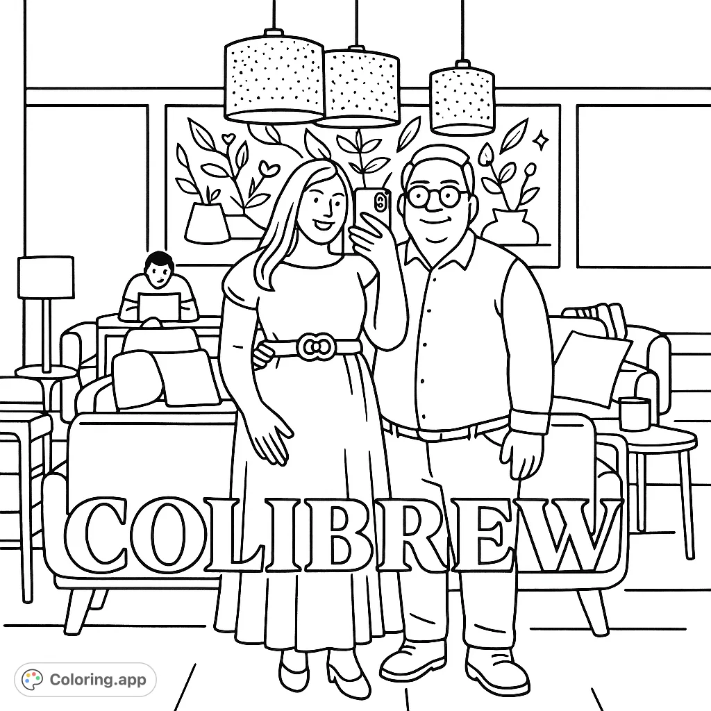 Capture a fun cafe moment! This simple coloring page features two friends taking a selfie in a cozy lounge, perfect for a relaxing creative break.