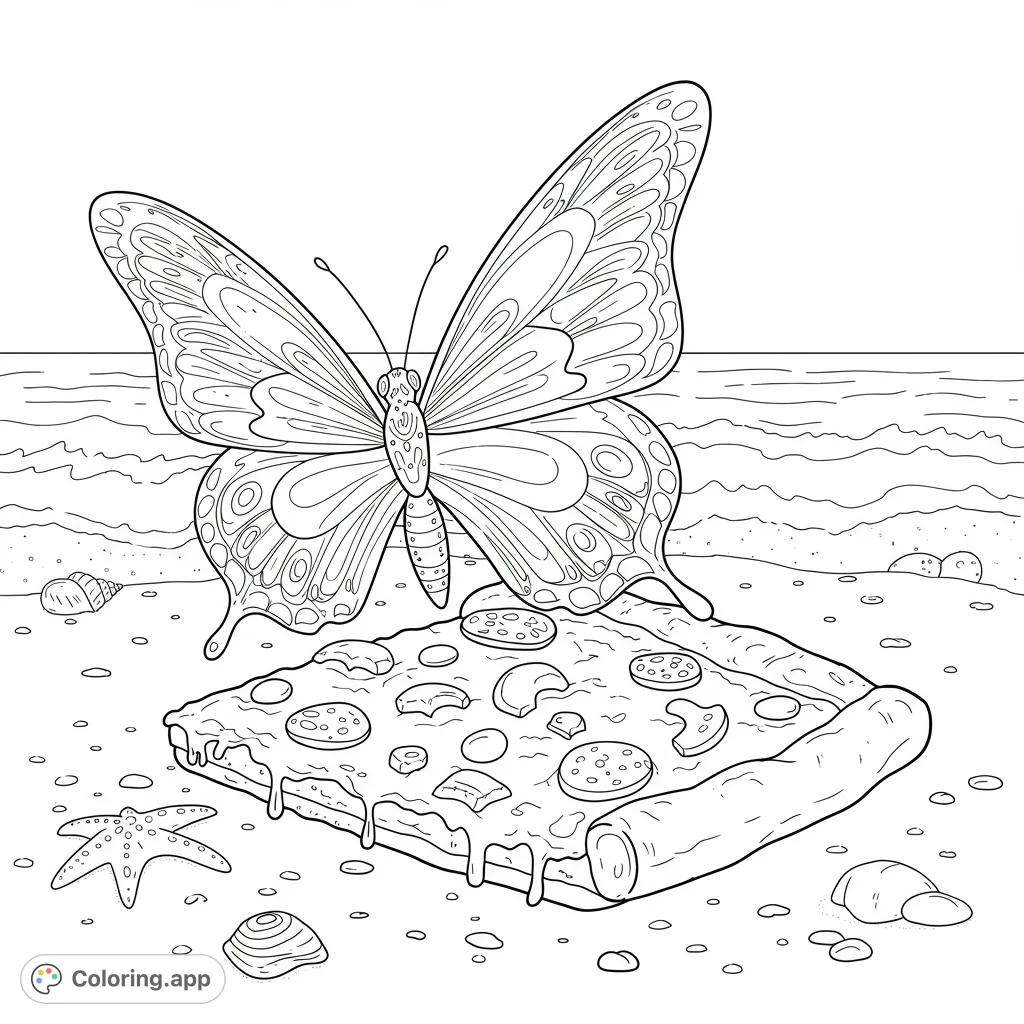 A whimsical butterfly enjoys a slice of pizza on a sunny beach. This unique coloring page blends nature and fun, perfect for imaginative artists.