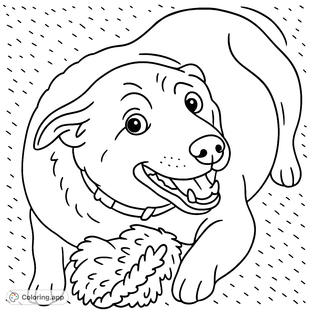 A delightful dog lies with its favorite toy, ready for a fun coloring adventure. Perfect for young artists to bring to life with simple shapes and clear lines.