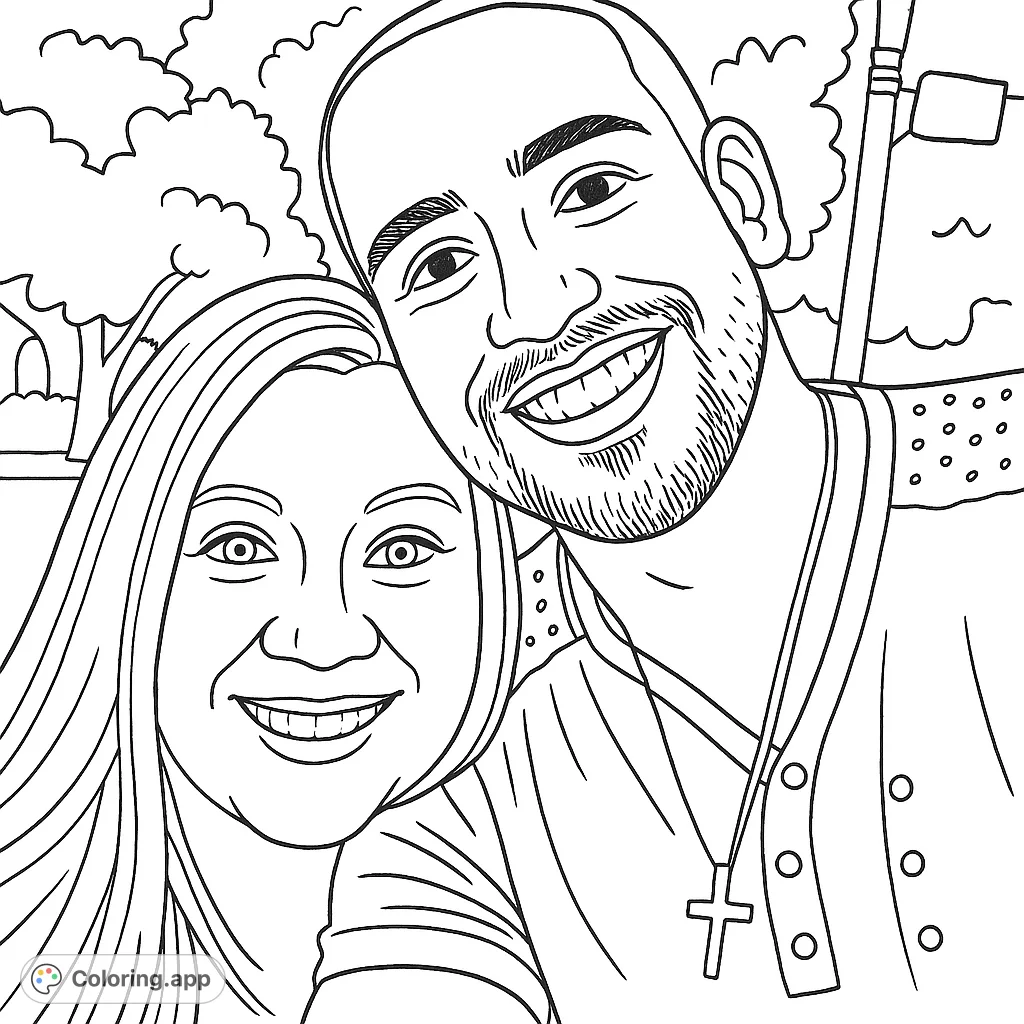 A heartwarming portrait of a smiling couple, perfect for a hand-drawn sketch appearance. Celebrate connection with this simple, joyful coloring page.