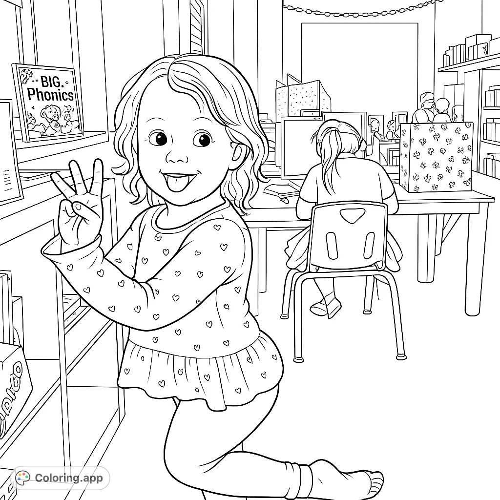 A delightful coloring page featuring a cheerful child making a peace sign in a lively classroom setting. Perfect for young artists to express creativity.