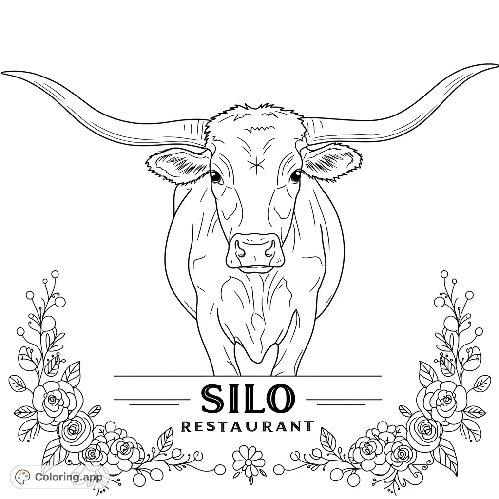 A simple longhorn cow design with the 'Silo Restaurant' name, framed by decorative flowers. Perfect for a rustic, hand-drawn coloring page.
