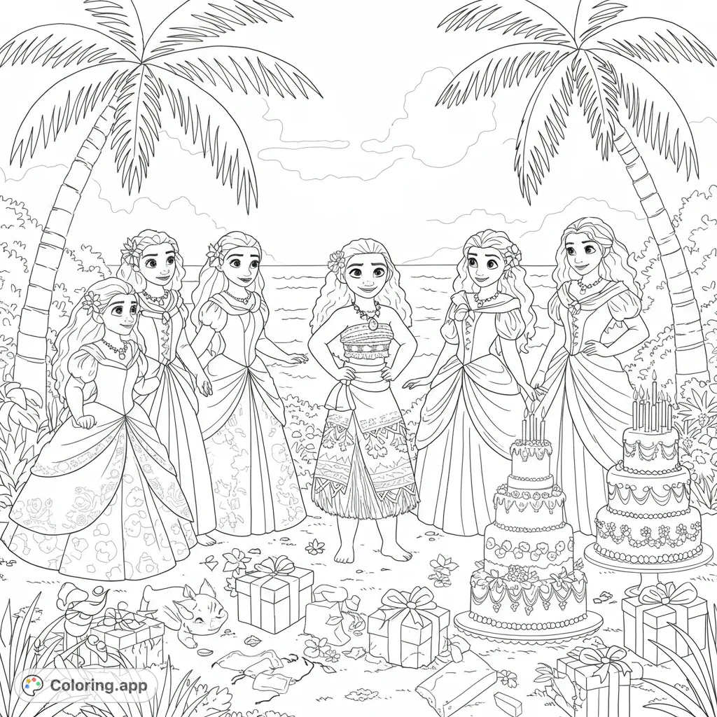 A joyful gathering of beloved princesses celebrating Moana's birthday on a tropical island, surrounded by gifts and festive decorations.