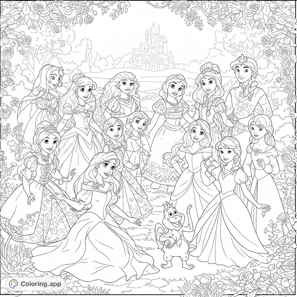 Join Moana, Ariel, Elsa, and more in a magical princess gathering! A detailed coloring page for fans of classic fairy tales and royal adventures.