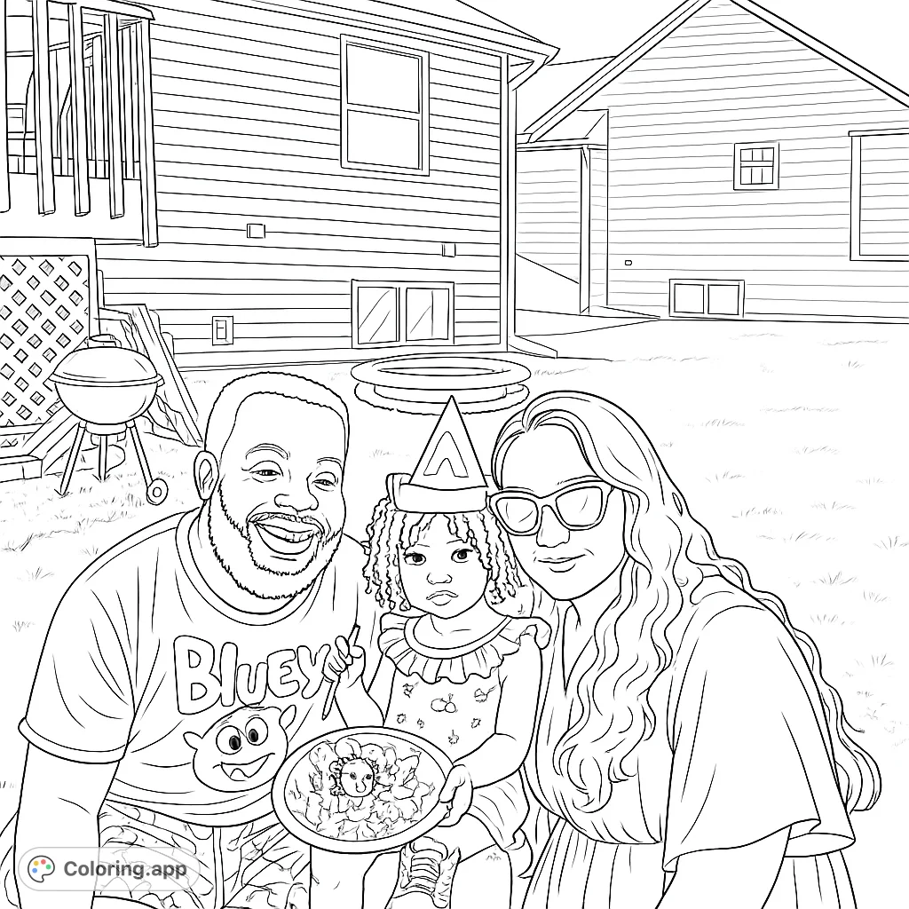 Capture a heartwarming family moment in a backyard setting. This free printable coloring page features a happy family enjoying an outdoor celebration with cake and fun.