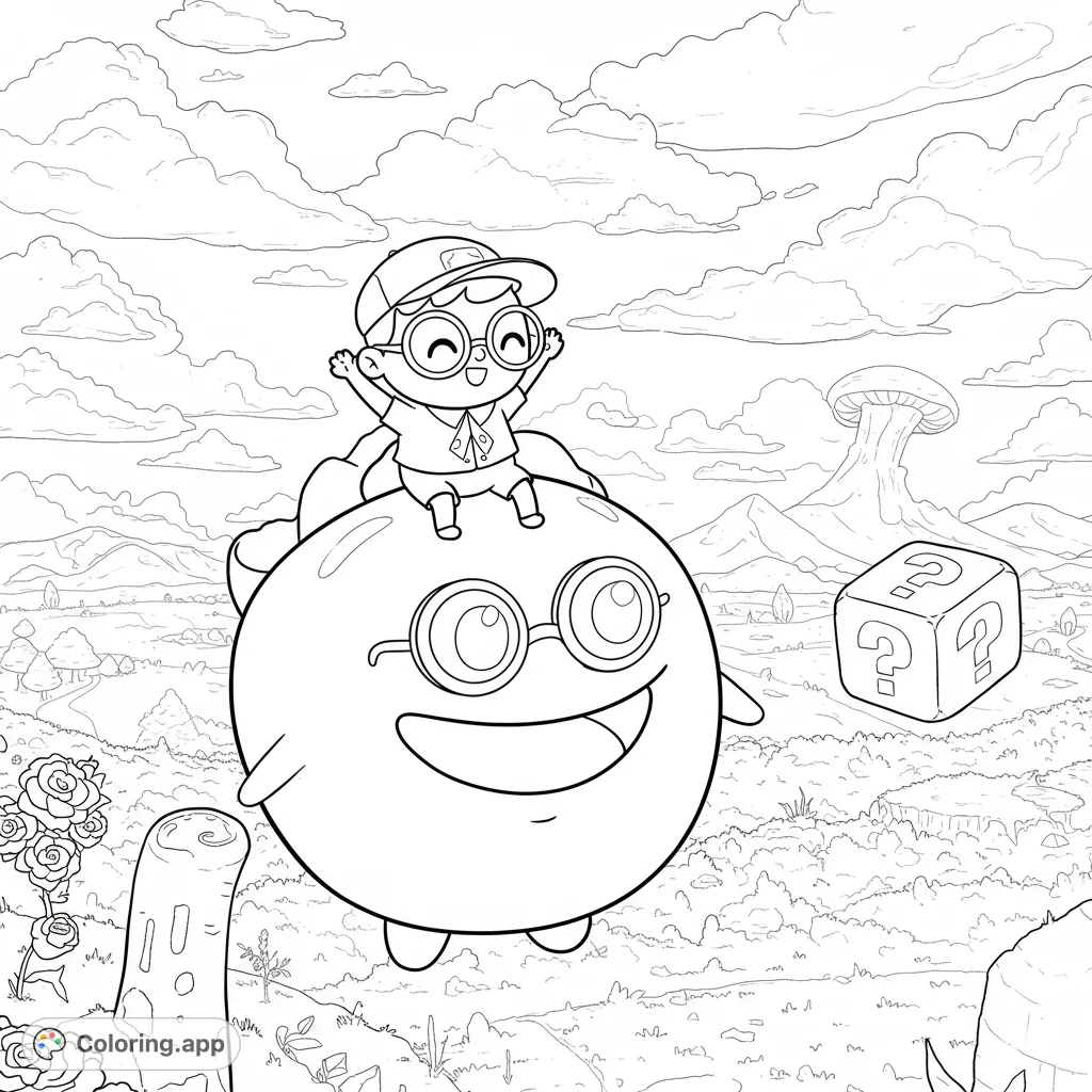 Soar through the Mushroom Kingdom with a cheerful hero atop a giant, grinning hotdog! A whimsical adventure awaits your creative touch.