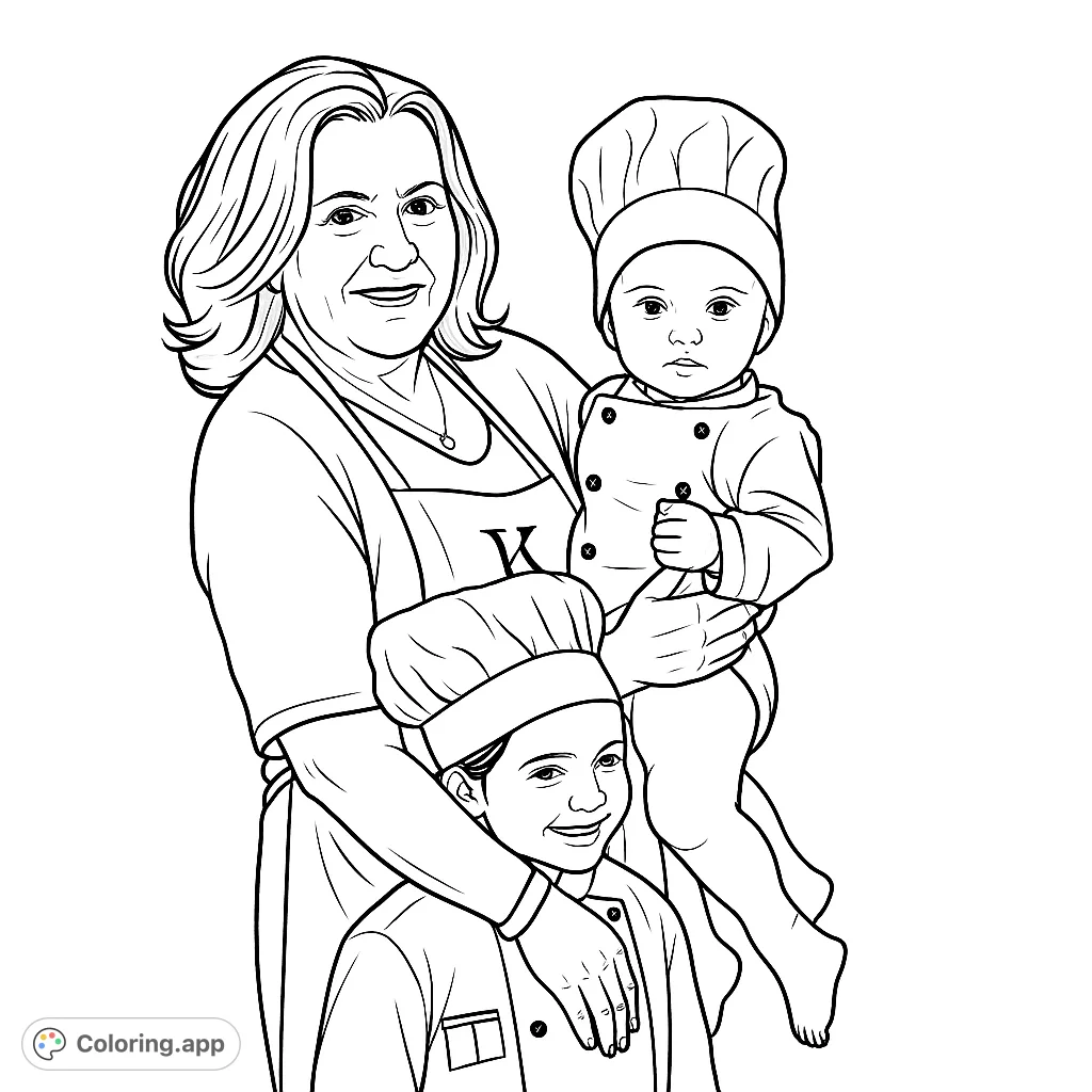 A heartwarming chef coloring page featuring a woman with two children, all in chef hats and jackets. Perfect for family fun and aspiring young cooks!