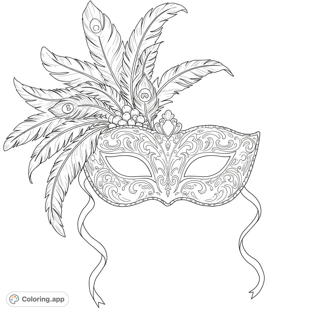 Discover an intricate Venetian masquerade mask, adorned with elaborate swirls, filigree, and feathers. A sophisticated adult coloring page.