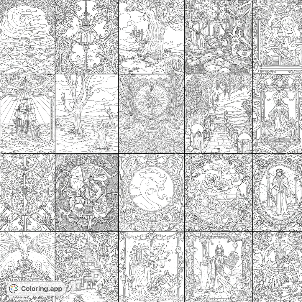 An intricate grid of classic literature scenes, perfect for adult colorists seeking a detailed and moody artistic challenge.