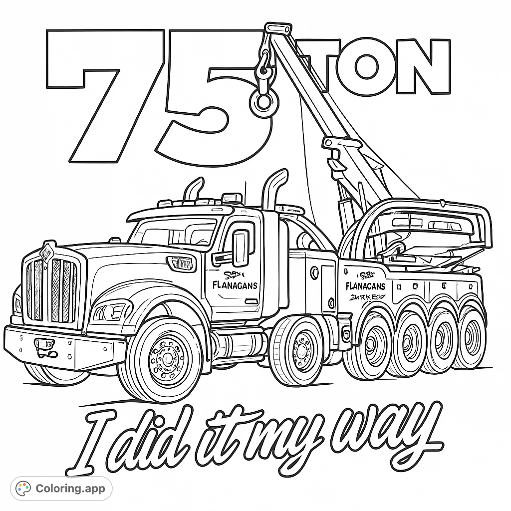Color a powerful heavy-duty tow truck with intricate details, a massive crane, and bold text. Perfect for vehicle enthusiasts and those who love big machines.