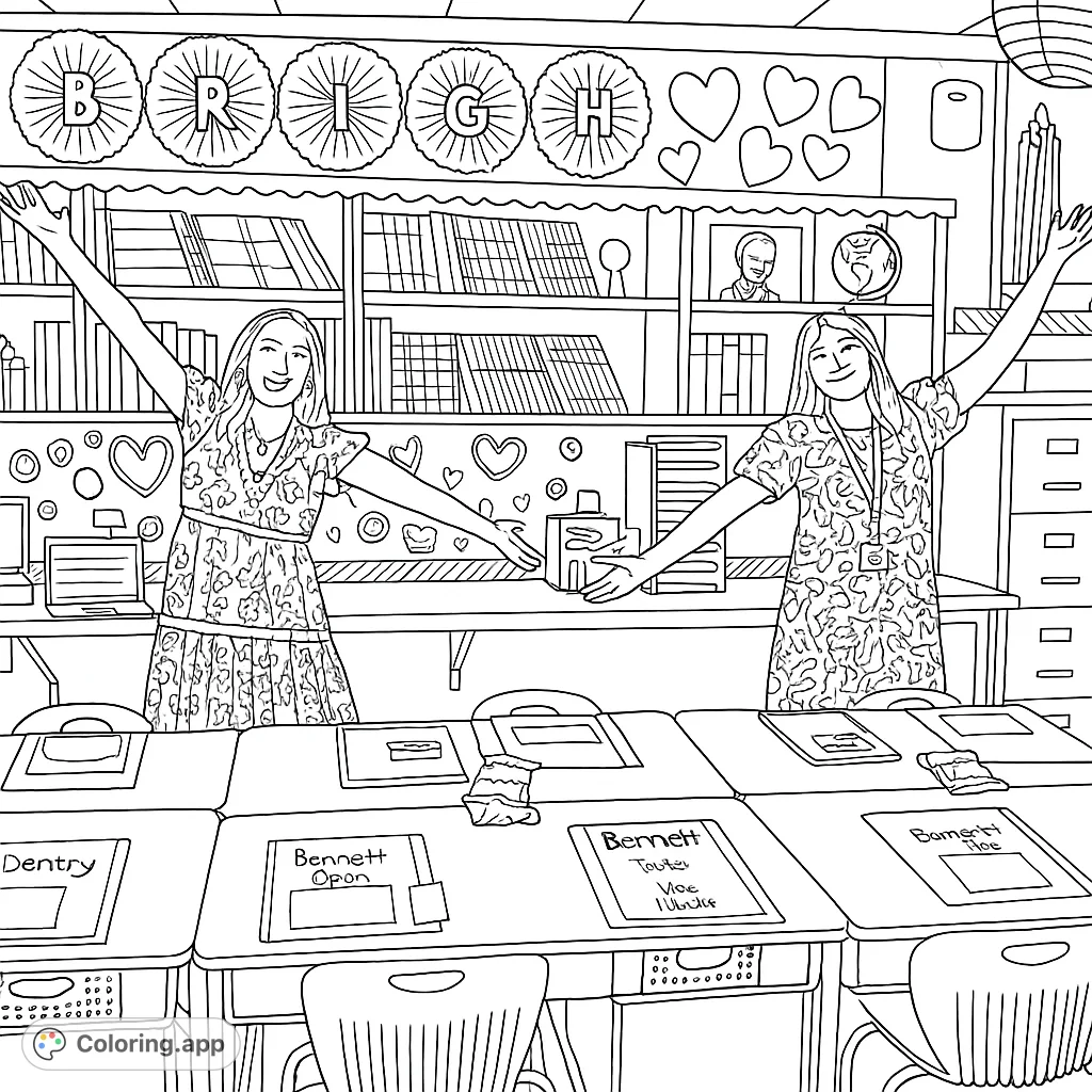 A cheerful classroom scene featuring two welcoming teachers, ready for a new school year. Perfect for students and educators to personalize.