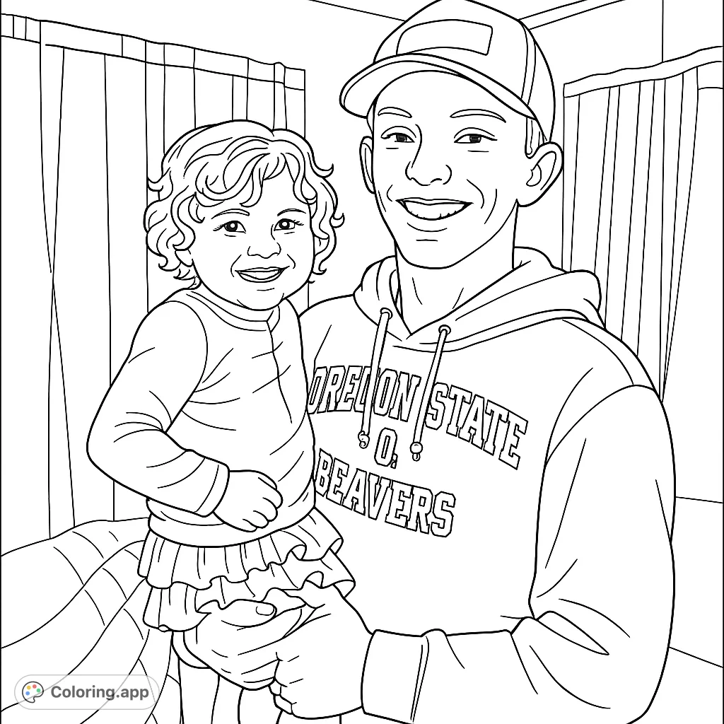 Capture a heartwarming moment with this happy duo portrait. A young man holds a smiling child, perfect for family-themed coloring fun.